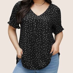 Size 14-16 (1X) Polka Dot‎ Print Gathered Frill Trim T-Shirt